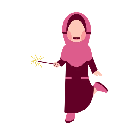 Garota Hijab segurando fogos de artifício  Ilustração