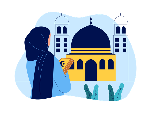 Garota hijab segurando o livro sagrado na mesquita  Ilustração