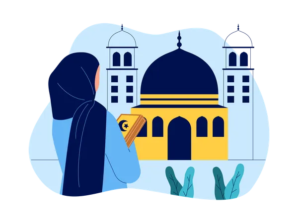 Garota hijab segurando o livro sagrado na mesquita  Ilustração
