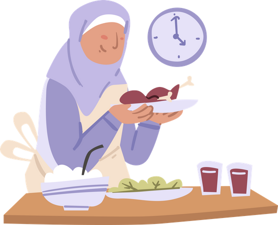 Garota hijab segurando refeição antes do amanhecer  Ilustração