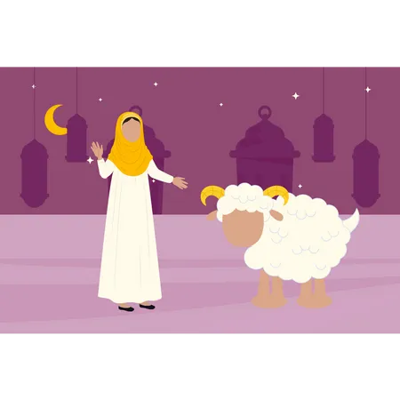 The Girl Is Standing Next To The Sheep Illustration