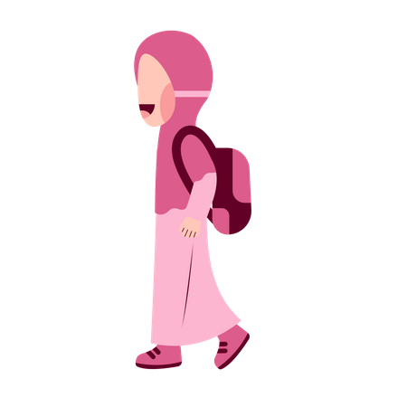 Hijab Girl Student With Schoolbag Walking Illustration