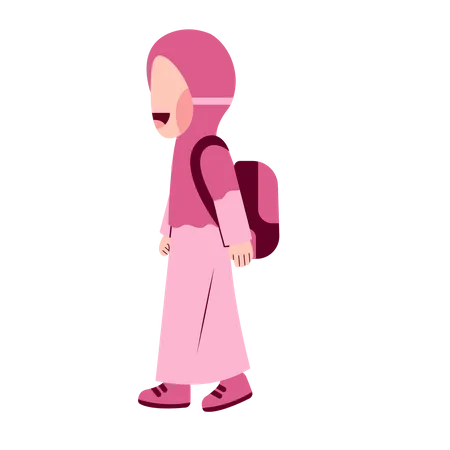 Hijab Girl Student With Schoolbag Walking Illustration