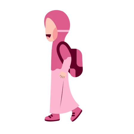 Hijab Girl Student With Schoolbag Walking  Illustration