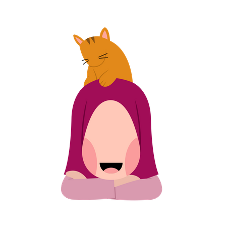 Hijab Girl With Cat  Illustration