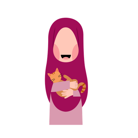 Hijab Girl With Cat  Illustration