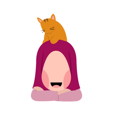 Hijab Girl With Cat  Illustration