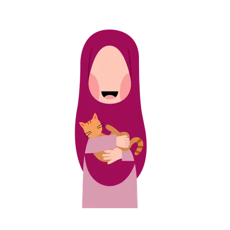 Hijab Girl With Cat  Illustration