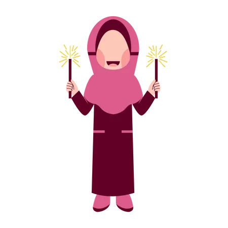 Hijab Girl with Fireworks  Illustration