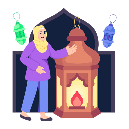 Hijab girl with Islamic Lantern  Illustration