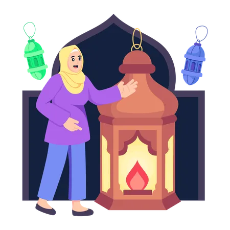 Hijab girl with Islamic Lantern  Illustration