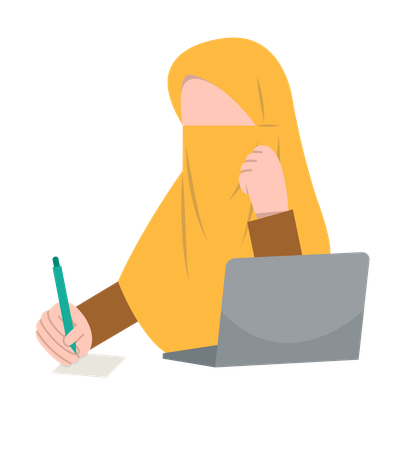 Hijab girl writing schedule while doing work on laptop  Illustration