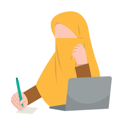 Hijab girl writing schedule while doing work on laptop  Illustration