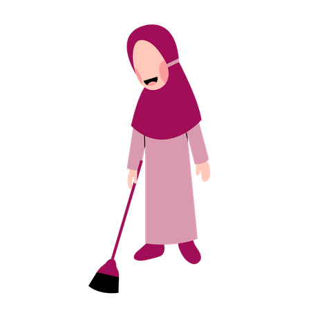 Hijab Kid Sweeping Floor  Illustration