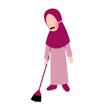 Hijab Kid Sweeping Floor  Illustration
