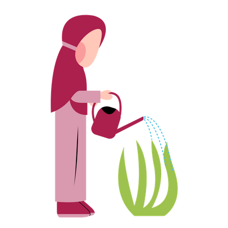 Hijab Kid Watering Plant  Illustration