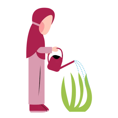 Hijab Kid Watering Plant  Illustration