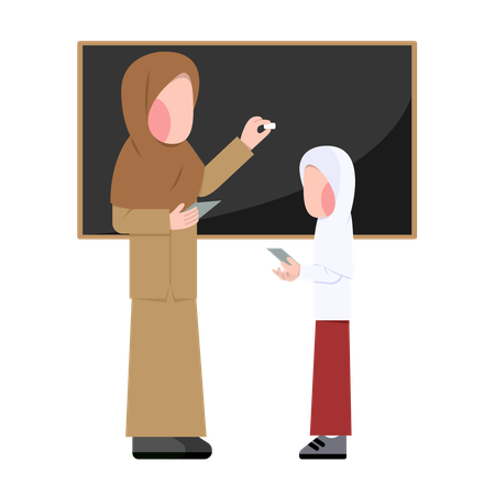 Hijab-Lehrerin erklärt Kind eine Aufgabe  Illustration