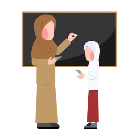 Hijab-Lehrerin erklärt Kind eine Aufgabe  Illustration