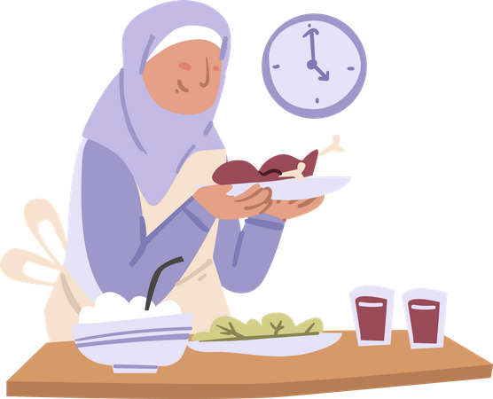 Hijab-Mädchen hält Mahlzeit vor der Morgendämmerung  Illustration