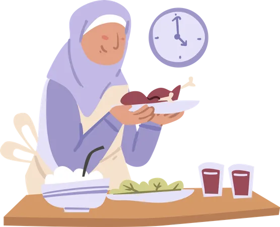 Hijab-Mädchen hält Mahlzeit vor der Morgendämmerung  Illustration