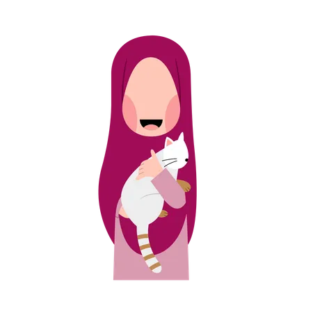 Hijab, Mädchen, Mit, Katze  Illustration