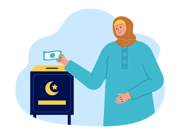 Mädchen mit Hijab wirft Geld in Spendenbox  Illustration