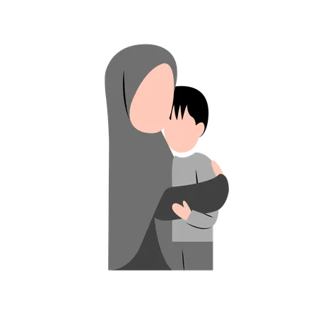 Madre hijab consolando a su hijo  Ilustración