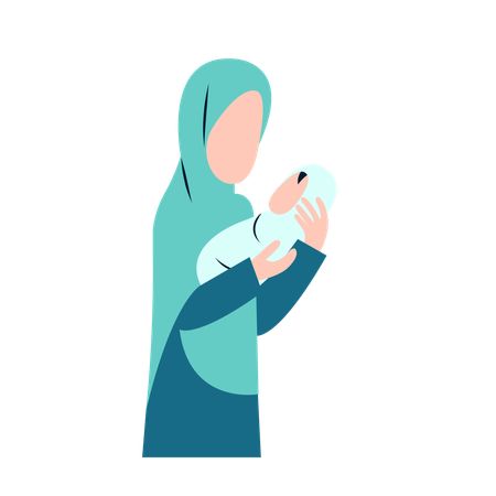 Mãe hijab segurando bebê recém-nascido  Ilustração