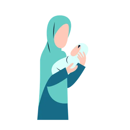 Mãe hijab segurando bebê recém-nascido  Ilustração