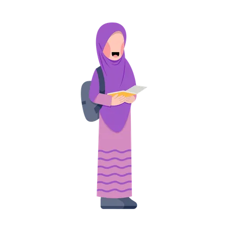 Aluna de hijab lendo livro  Ilustração