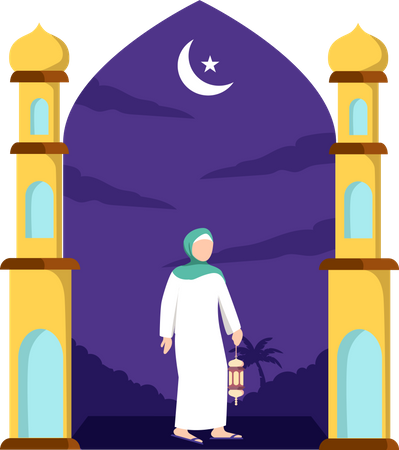 Garota Hijab segurando uma lanterna árabe  Ilustração