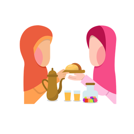 Meninas de hijab fazendo iftar  Ilustração