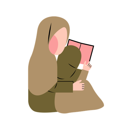 Hijab Mother And Daughter Reading Together  Illustration