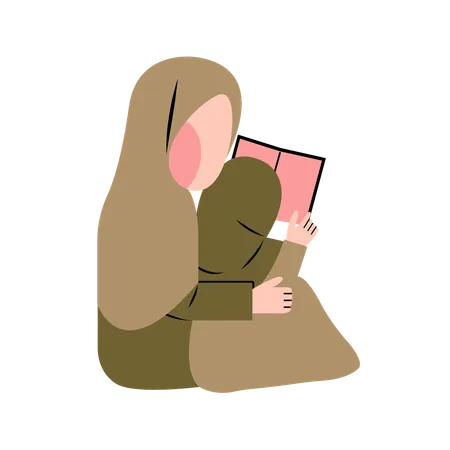 Hijab Mother And Daughter Reading Together  Illustration