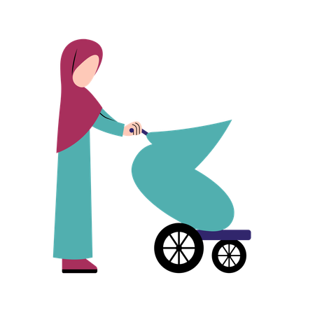 Hijab Mother With Baby Stroller  Illustration