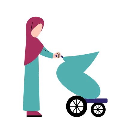 Hijab Mother With Baby Stroller  Illustration