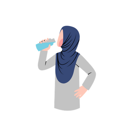 La mujer hijab bebe agua de la botella  Ilustración