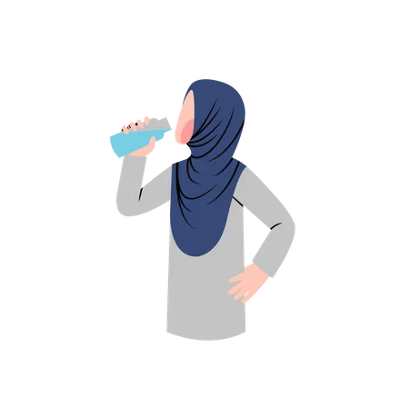 La mujer hijab bebe agua de la botella  Ilustración