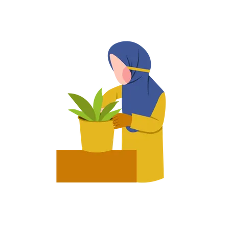 Mujer hijab cuidando la planta  Ilustración