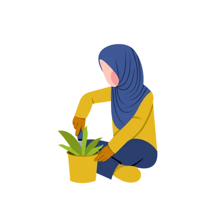 Mujer hijab cuidando la planta  Ilustración