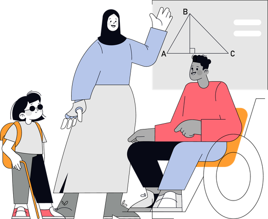 Mujer con hijab enseñando a personas ciegas en clase de matemáticas  Ilustración