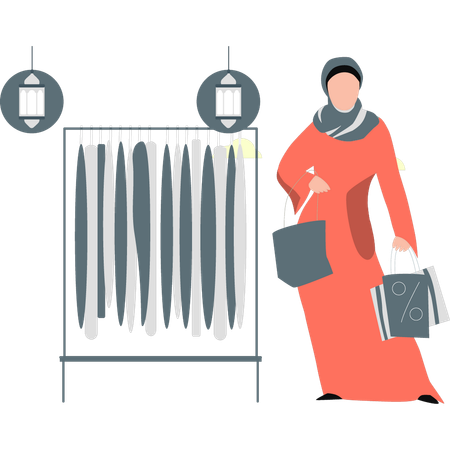 Mujer hijab haciendo compras en venta  Ilustración