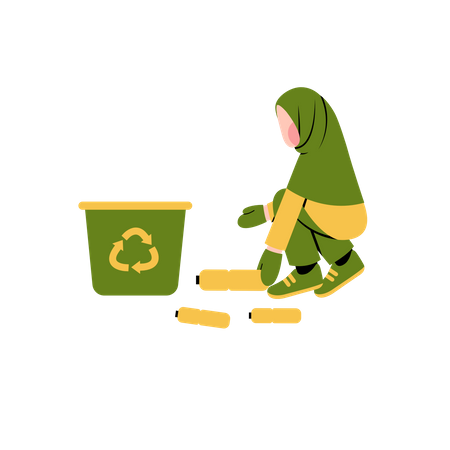 Mujer hijab reciclando basura  Ilustración