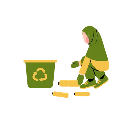 Mujer hijab reciclando basura  Ilustración