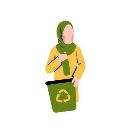 Mujer hijab recicla residuos  Ilustración