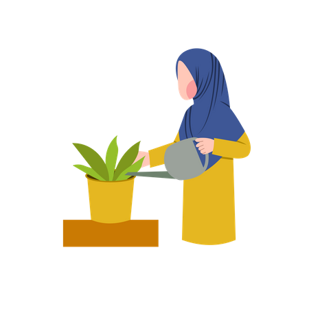 Hijab mujer regar planta  Ilustración