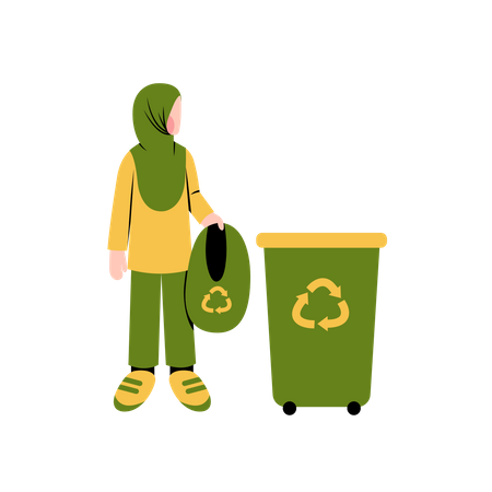 Mujer con hijab tira residuos a la basura  Ilustración