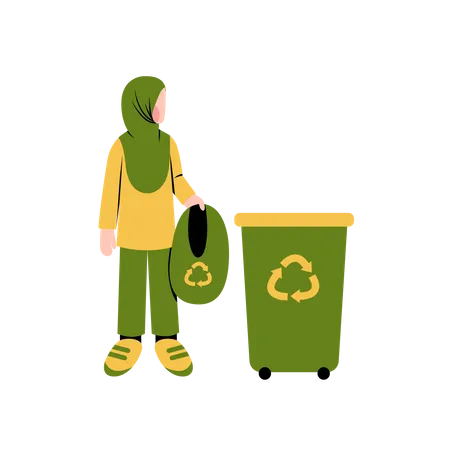 Mujer con hijab tira residuos a la basura  Ilustración