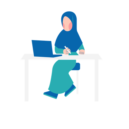 Mujer Hijab trabajando en el escritorio  Ilustración